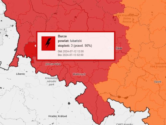 Burze i możliwy duży grad. Ostrzeżenie 3° dla całego regionu