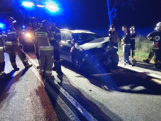 Groźna kolizja na DK30. Renault zmiotło przystanek, auto zatrzymało się w polu