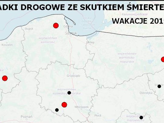 Mapa wypadków drogowych ze skutkiem śmiertelnym – WAKACJE 2019