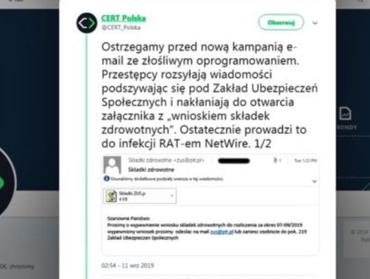 Oszuści wysyłają fałszywe informacje z groźnym wirusem