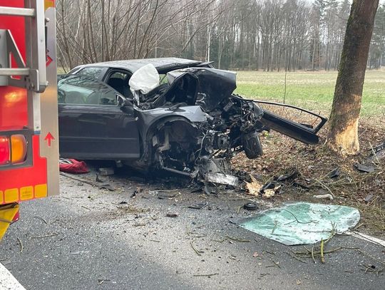 Wypadek na łączniku do A4. Audi z dużą prędkością uderzyło w drzewo