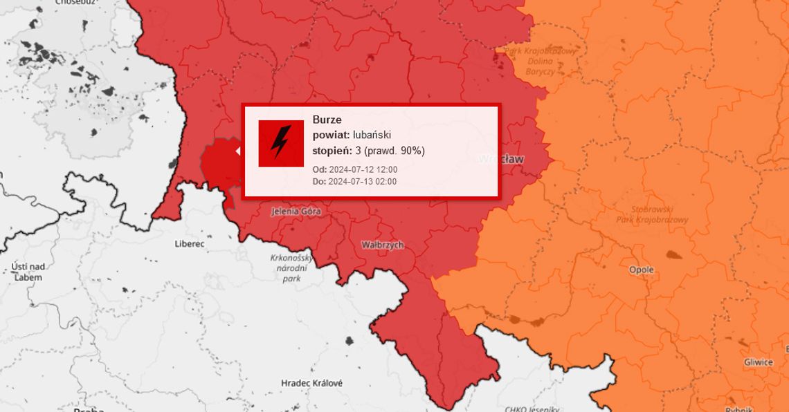 Burze i możliwy duży grad. Ostrzeżenie 3° dla całego regionu