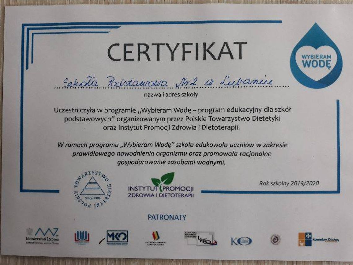 Certyfikat dla SP 2 w Lubaniu