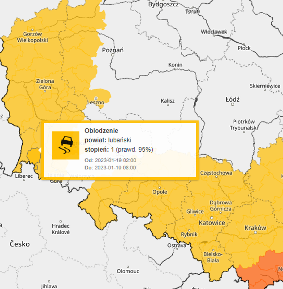 Ostrzeżenie dla powiatu lubańskiego. Będzie ślisko