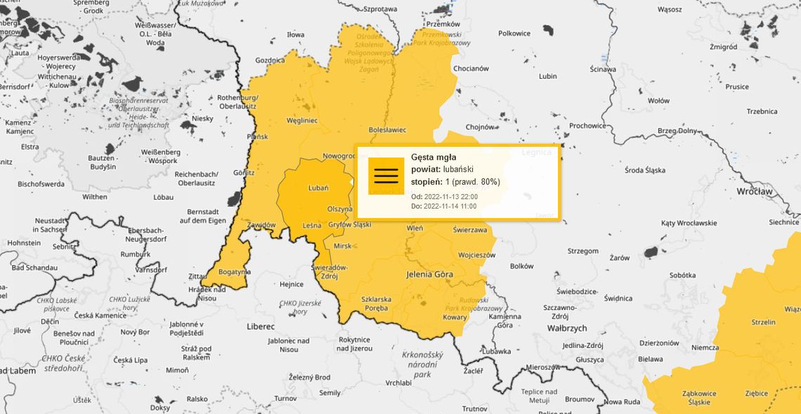 Ostrzeżenie o gęstej mgle w regionie (siedem powiatów)