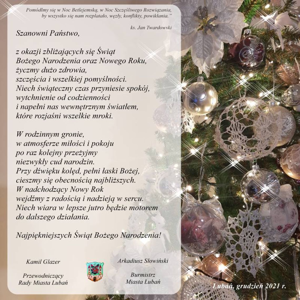 Świąteczne życzenia od Burmistrza Lubania i Przewodniczącego Rady Miasta