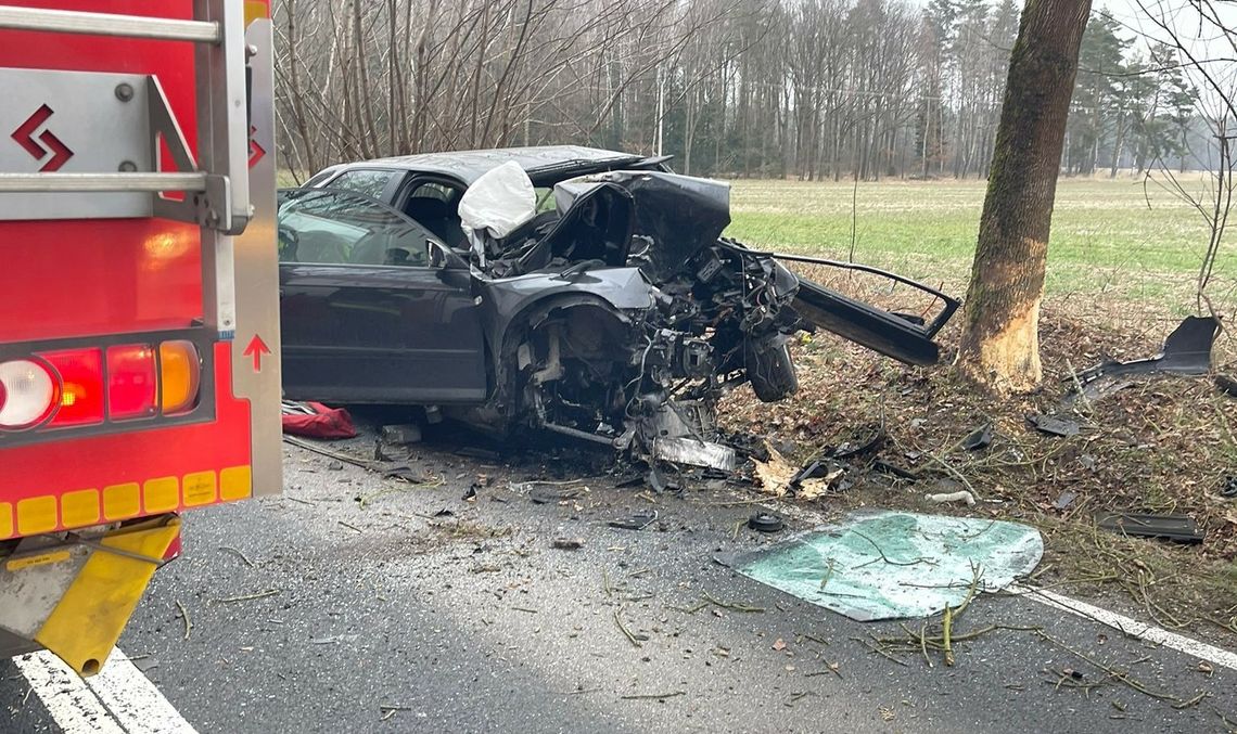 Wypadek na łączniku do A4. Audi z dużą prędkością uderzyło w drzewo