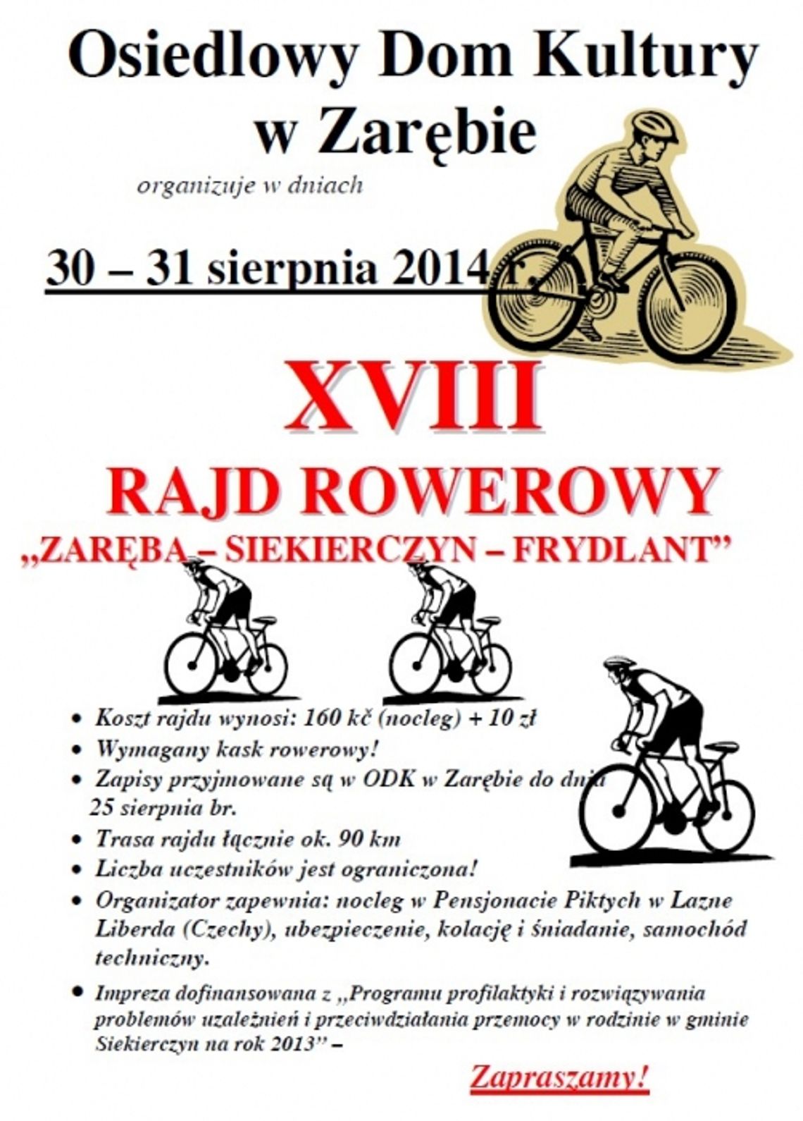 XVIII RAJD ROWEROWY „ZARĘBA – SIEKIERCZYN – FRYDLANT”