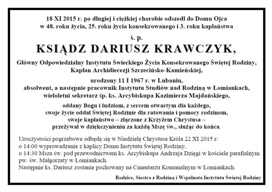 Zmarł Ks. Dariusz Krawczyk