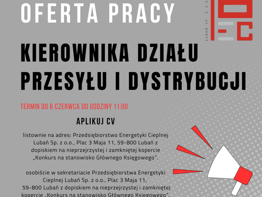 Praca Kierownik działu przesyłu i dystrybucji w PEC Lubań Sp. z o.o.