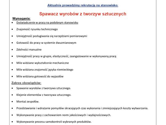 Rena Polska Sp. z o.o. zatrudni doświadczonych Spawaczy wyrobów z tworzyw sztucznych