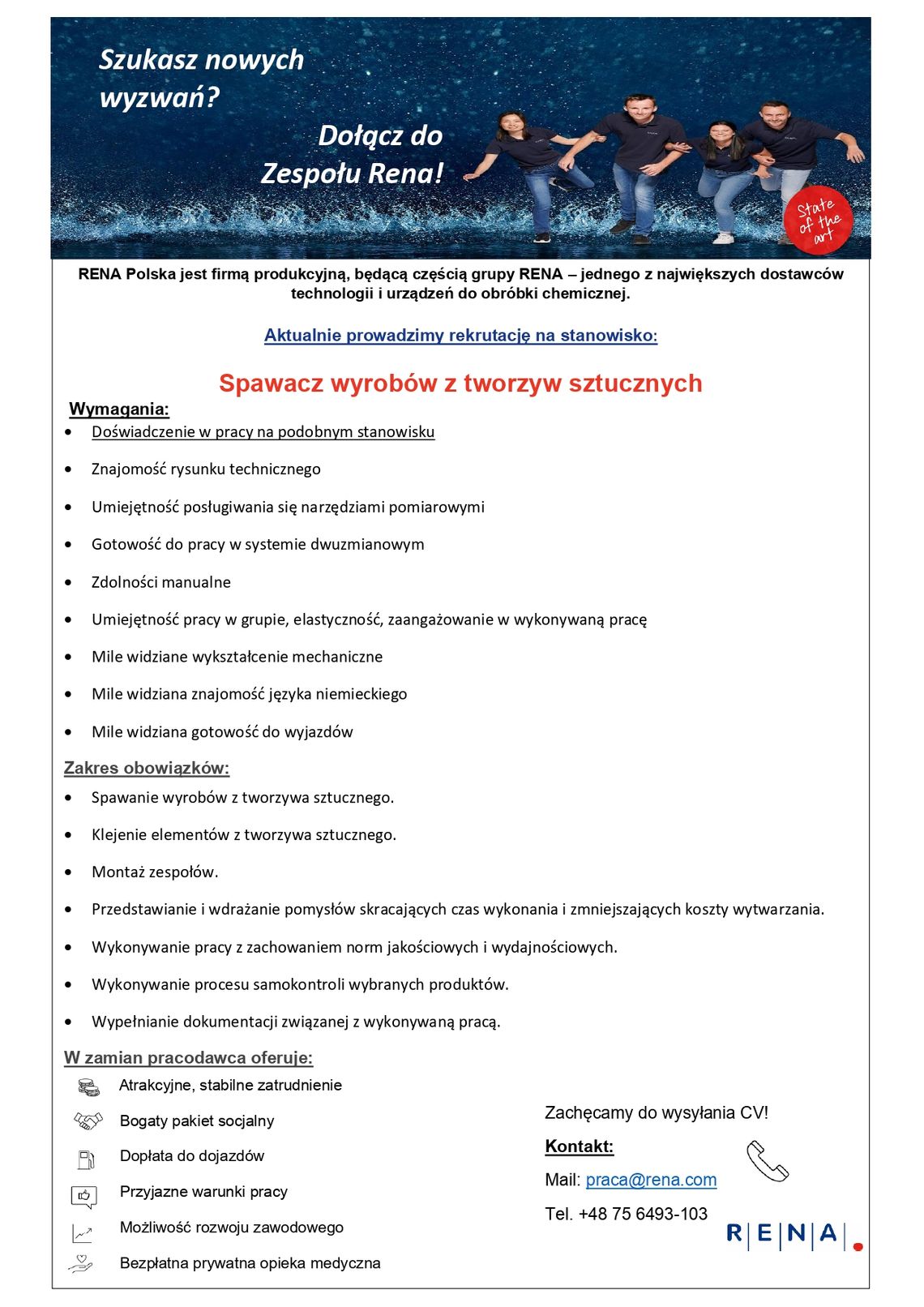 Rena Polska Sp. z o.o. zatrudni doświadczonych Spawaczy wyrobów z tworzyw sztucznych Rena Polska Sp. z o.o. zatrudni doświadczonych Spawaczy wyrobów z tworzyw sztucznych